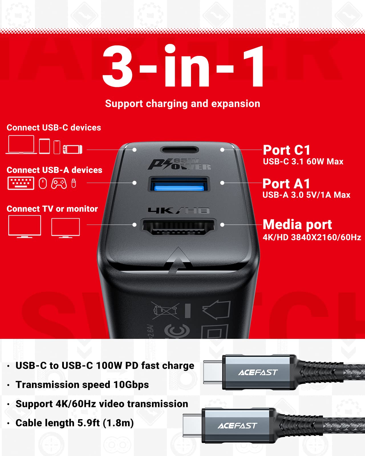 ACEFAST GaN PD65W 3 Port(USB C+USB A+4K/HD) Fast Charger Hub for Nintendo Switch, USB C 3.1 Laptops, Tablets, Foldable AC Plug Power Adapter Compatible with MacBook, Switch, HP, Acer, Samsung, ASUS