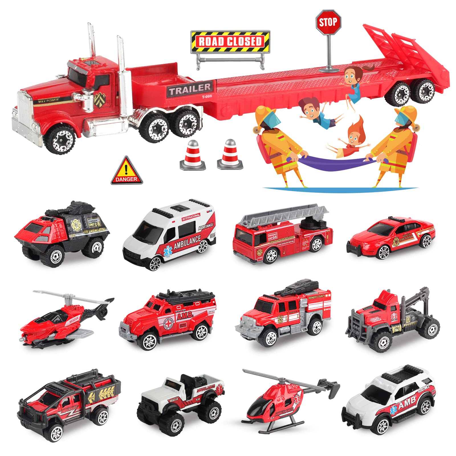 Oriate Fire Truck Vehicle Toys with Flatbed Trailer & Various Traffic Road Signs, Diecast Firetruck for 3 4 5 6 7 Year Old Boys - Ambulance, Helicopter, 24PCS Fire Rescue Theme Stickers