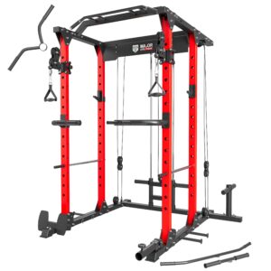 major fitness power cage, plm03 all-in-one 1400lbs multi-function power rack with adjustable cable crossover system and exercise machine attachment(red)