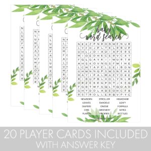 Greenery Baby Shower Word Search Baby Shower Party Game - 20 Player Cards