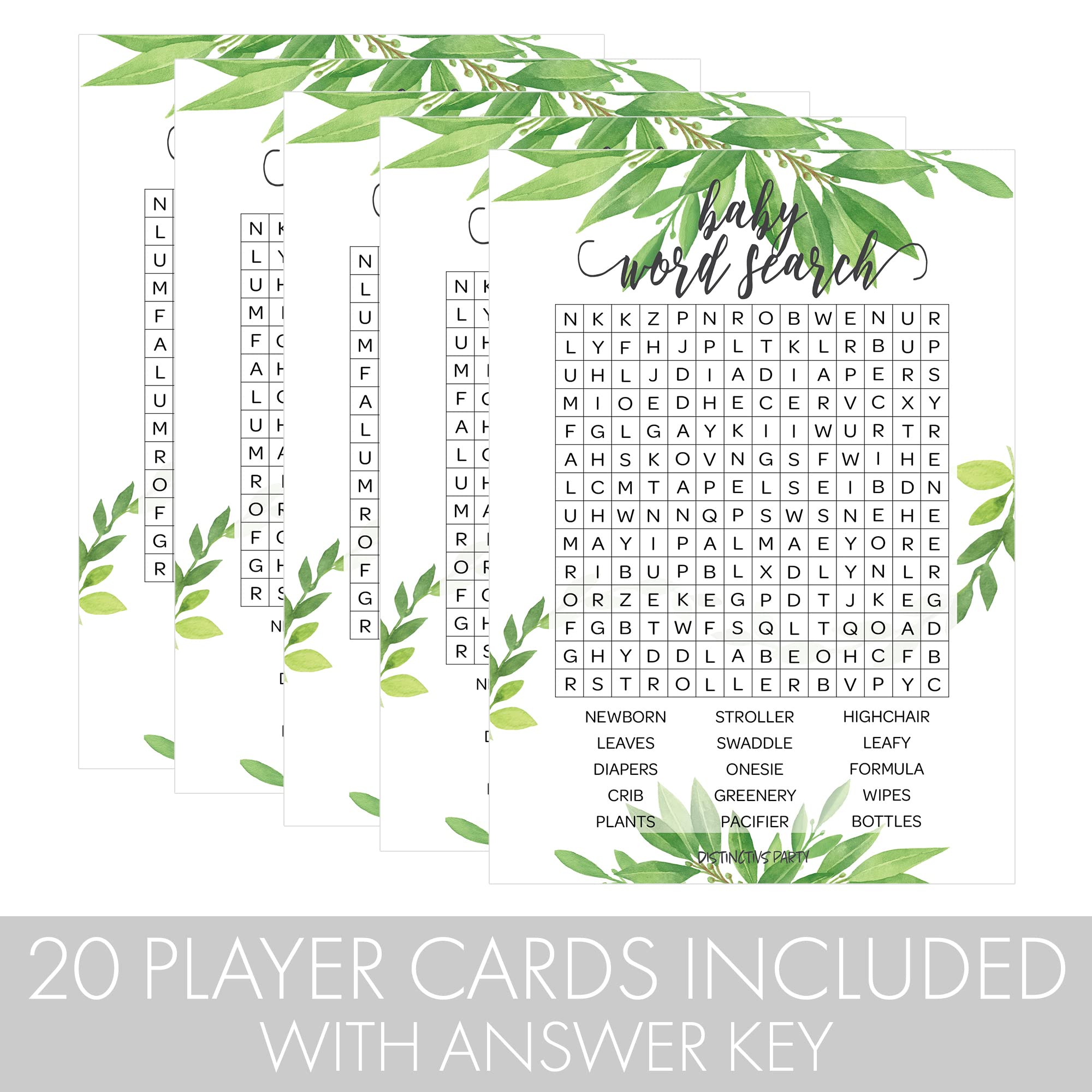 Greenery Baby Shower Word Search Baby Shower Party Game - 20 Player Cards