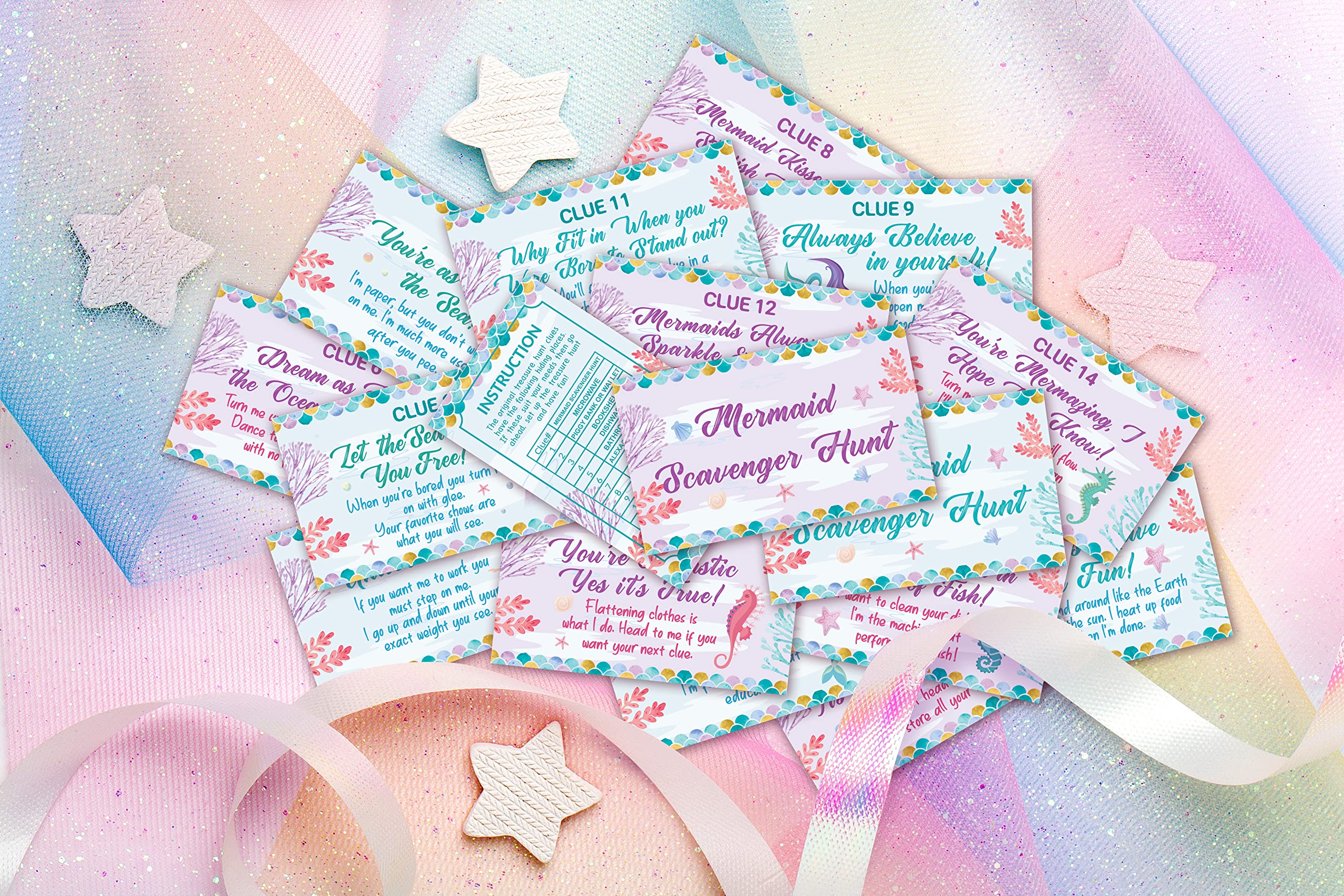 Mermaid Treasure Hunt Clues Cards, Mermaid Party Scavenger Hunt Card Game(15 Cards With Envelopes), Ocean Themed Birthday Party Supplies Activities for Kids Adults, Under the Sea Party Decor(02)