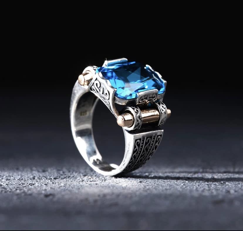 Man Silver Aquamarine Stone Ring, Blue Aquamarine Stone Ring, Vintage Men Ring, Turkısh Ottoman Men Ring, 925k Sterling Silver Ring