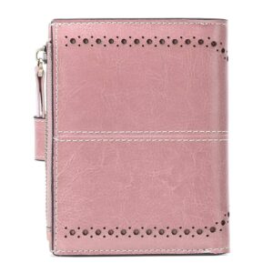 Women Wallet Pouch Purse Genuine Leather Bifold ID Window Credit Debit Card Holder RFID Protected with Gift Box (Pink)