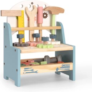 robotime tool bench set for toddlers - mini wooden work bench for kids, construction toys w/wooden tools, educational pretend play gift building toy tools set for 18 months 2 3 4 5 boys girls