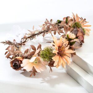 DDazzling Sunflower Flower Crown Eucalyptus Halo Women Girls Headpiece Photo Prop (Coffee)