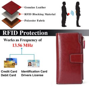 SENDEFN Long Women Leather Wallet Clutch RFID Blocking Clutch Card Holder Ladies Purse Zipper Pocket with Gift Box (Red)