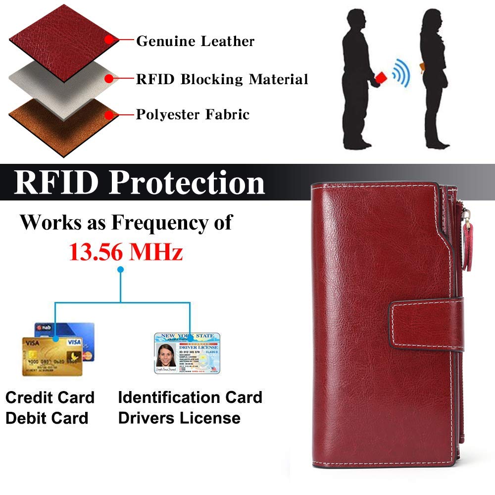 SENDEFN Long Women Leather Wallet Clutch RFID Blocking Clutch Card Holder Ladies Purse Zipper Pocket with Gift Box (Red)