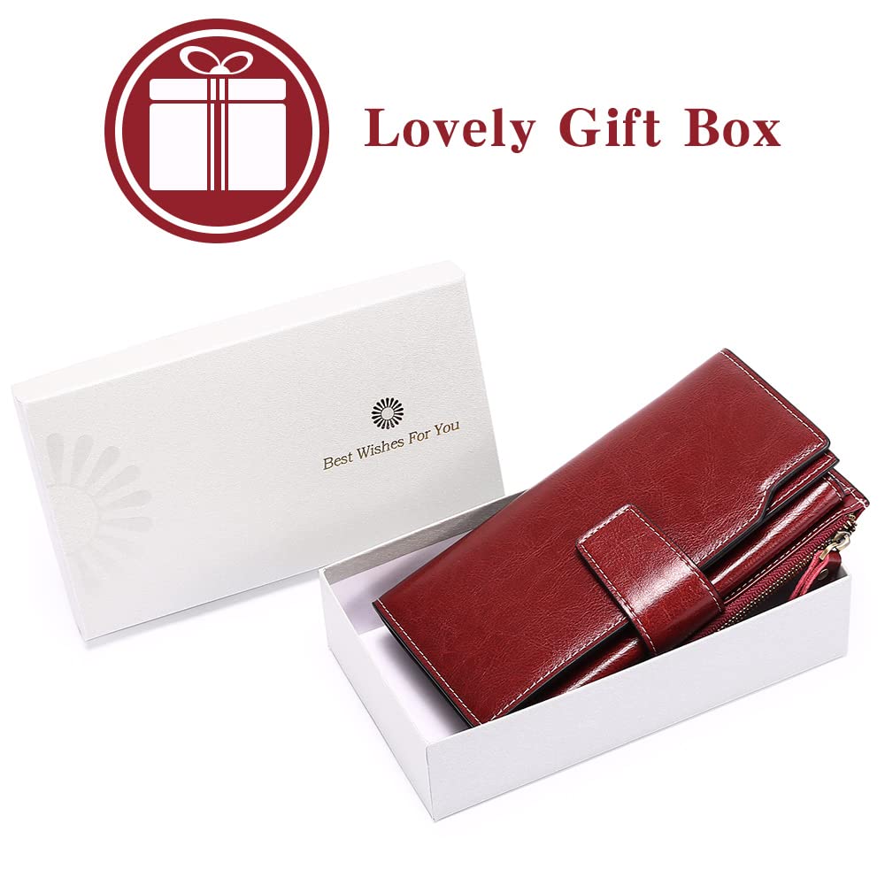 SENDEFN Long Women Leather Wallet Clutch RFID Blocking Clutch Card Holder Ladies Purse Zipper Pocket with Gift Box (Red)