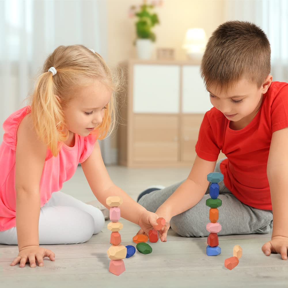 Gamie Wooden Balancing Stones, Set of 10, Colorful Wooden Stacking Toys for Kids, Teach Patience, Hand Eye Coordination, Colors, and Shapes with Wood Stacking Rocks