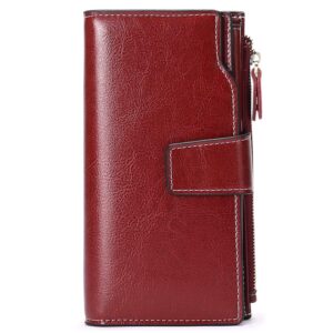 SENDEFN Long Women Leather Wallet Clutch RFID Blocking Clutch Card Holder Ladies Purse Zipper Pocket with Gift Box (Red)