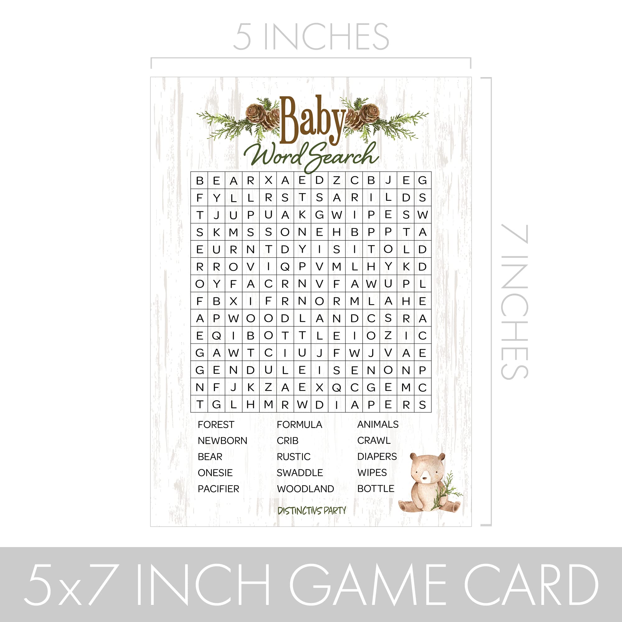 DISTINCTIVS Woodland Bear Word Search Baby Shower Party Game - 20 Player Cards