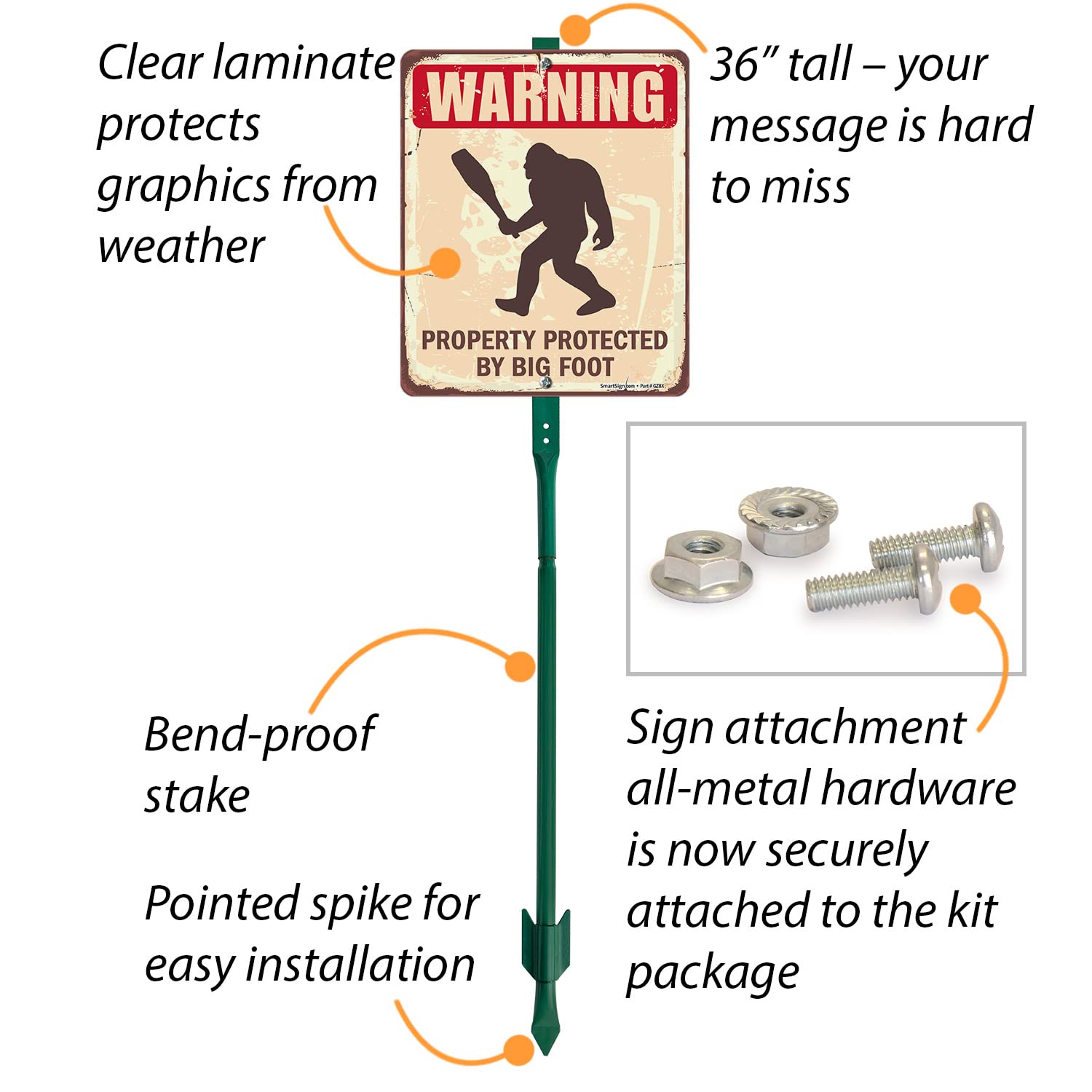 SmartSign 12 x 10 inch “Warning - Property Protected By Big Foot” Yard Sign with 3 foot Stake, 40 mil Aluminum, 3M Laminated Engineer Grade Reflective Material, Red and Brown, Set of 1, USA-Made