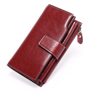 SENDEFN Long Women Leather Wallet Clutch RFID Blocking Clutch Card Holder Ladies Purse Zipper Pocket with Gift Box (Red)