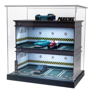 Hot Diecast Wheels Display Case - 1/64 Scale Die-cast Model Car Display Case with LED Light and Acrylic Cover, Wooden Parking Garage in 3 Floors with 10 Parking Spaces (1:64 Green with Acrylic)