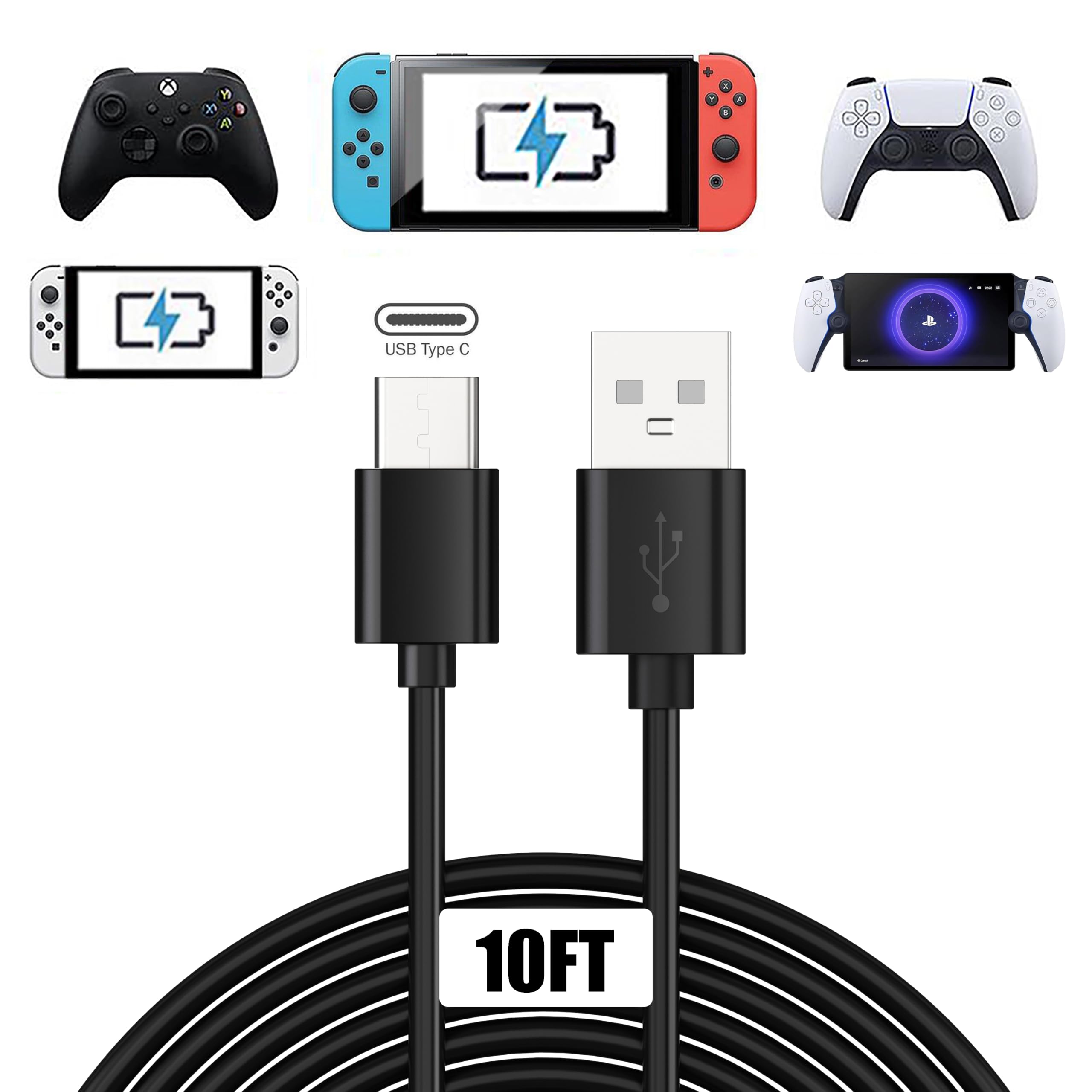 10FT/3m Fast Charging Cable for Xbox Series X S/PS5 DualSense/Switch Pro Controller,Replacement USB C Cable Charger Wire Power Cord for Nintendo Switch/Steam Deck/Samsung Galaxy S9 S8 Note 8,etc