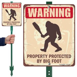 SmartSign 12 x 10 inch “Warning - Property Protected By Big Foot” Yard Sign with 3 foot Stake, 40 mil Aluminum, 3M Laminated Engineer Grade Reflective Material, Red and Brown, Set of 1, USA-Made