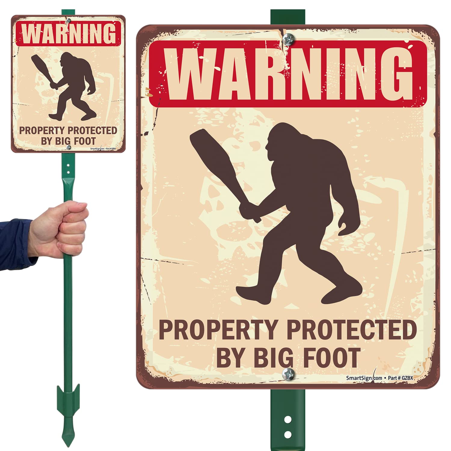 SmartSign 12 x 10 inch “Warning - Property Protected By Big Foot” Yard Sign with 3 foot Stake, 40 mil Aluminum, 3M Laminated Engineer Grade Reflective Material, Red and Brown, Set of 1, USA-Made