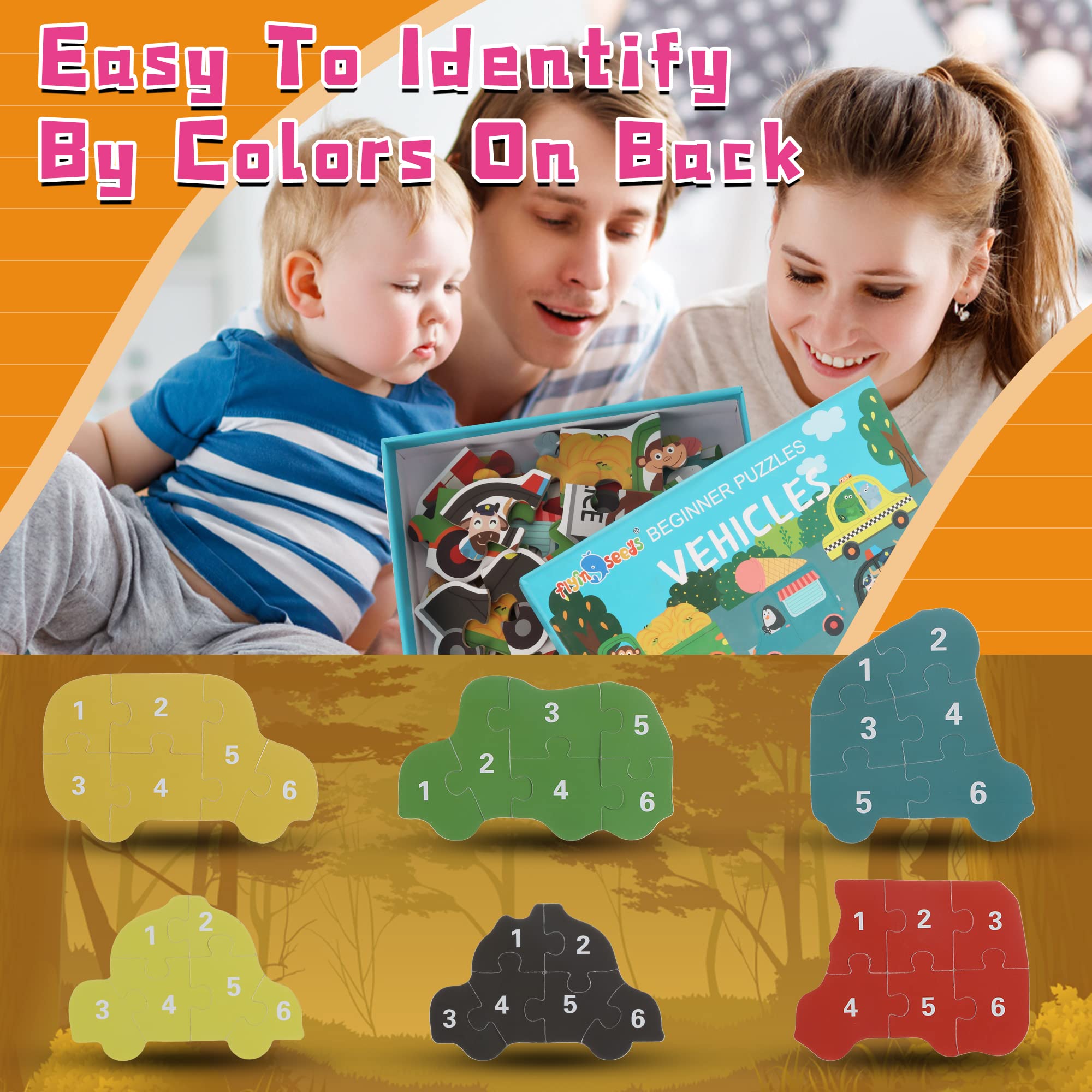 FLYINGSEEDS 6 Packs Vehicles Shaped Wooden Jigsaw Puzzles for Toddlers 1-3, Easy Puzzles with Pattern Blocks, Montessori Learning Toys Preschool Educational Game Class Teaching Best Gifts for Kids 2-4