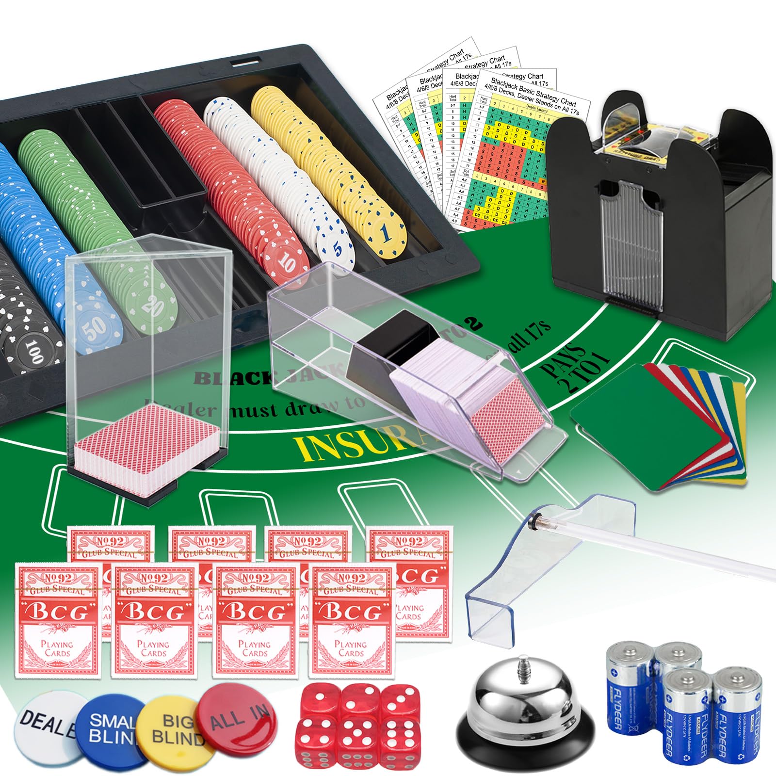 MrCarbon Super Casino Game Set: 6 Deck Shuffler+360pcs Chips+8 Poker Cards+Card Shoe+Chip Rake+Felt+Accessories, Blackjack Set & Texas Holdem Complete Kit, Poker Night Kit for Adult Casino Party