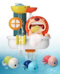 kidstation® - baby bath toys for toddlers 1-3, kids 3-4 years old - lion bathtub toys with bubble foam maker + 3 wind-up swimming turtles - gift card included for christmas and birthday