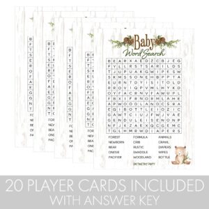 DISTINCTIVS Woodland Bear Word Search Baby Shower Party Game - 20 Player Cards