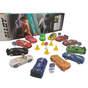 12PCS Cars for Toddlers 1-3, Plastic, with Map Road Signs and Obstacle, Gift for Boys and Girls