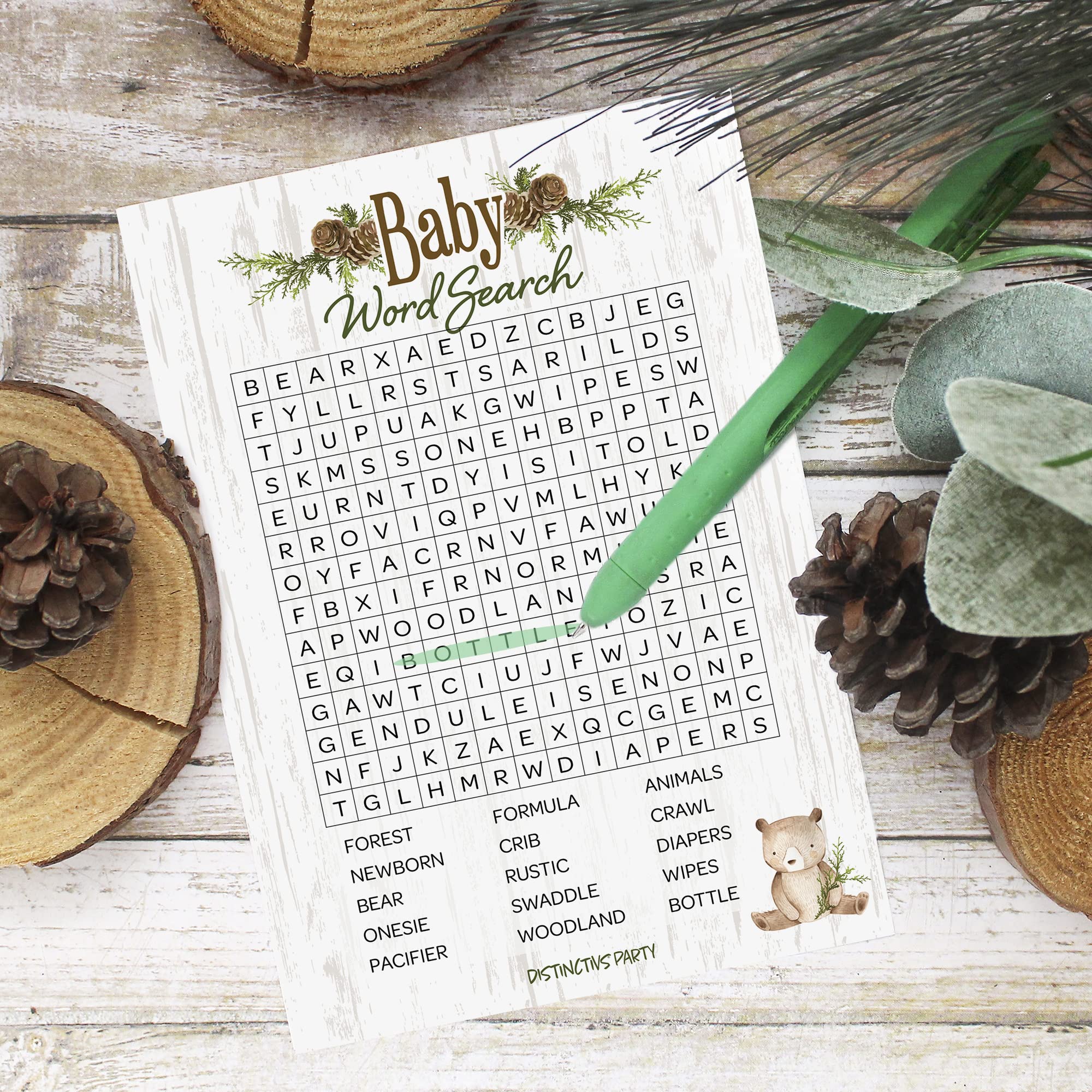 DISTINCTIVS Woodland Bear Word Search Baby Shower Party Game - 20 Player Cards