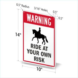 SmartSign 14 x 10 inch “Warning - Ride At Your Own Risk” Metal Sign with Graphic, 40 mil Laminated Rustproof Aluminum, Red, Black and White, Made in USA