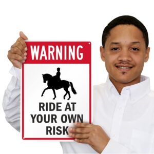 SmartSign 14 x 10 inch “Warning - Ride At Your Own Risk” Metal Sign with Graphic, 40 mil Laminated Rustproof Aluminum, Red, Black and White, Made in USA