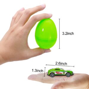 GOLDEN WHEEL 12 Pcs Easter Eggs Filled Pull Back Cars: with Free Game - 3.2'' Bright Colorful Prefilled Plastic Easter Eggs - Easter Hot Toys Basket Stuffers/Fillers Party Favor & Easter Gift/Presents