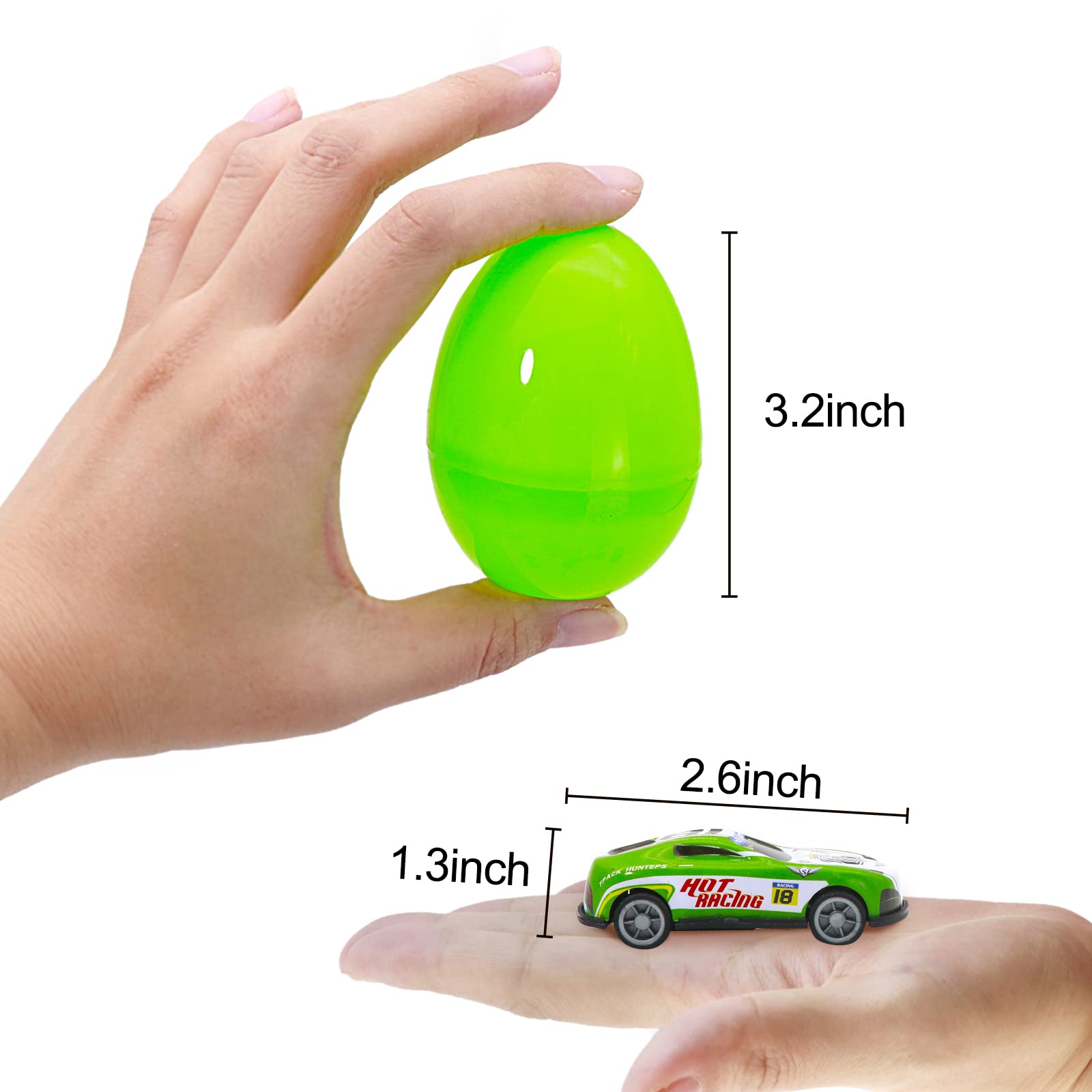 GOLDEN WHEEL 12 Pcs Easter Eggs Filled Pull Back Cars: with Free Game - 3.2'' Bright Colorful Prefilled Plastic Easter Eggs - Easter Hot Toys Basket Stuffers/Fillers Party Favor & Easter Gift/Presents