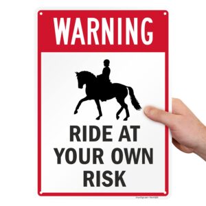 SmartSign 14 x 10 inch “Warning - Ride At Your Own Risk” Metal Sign with Graphic, 40 mil Laminated Rustproof Aluminum, Red, Black and White, Made in USA