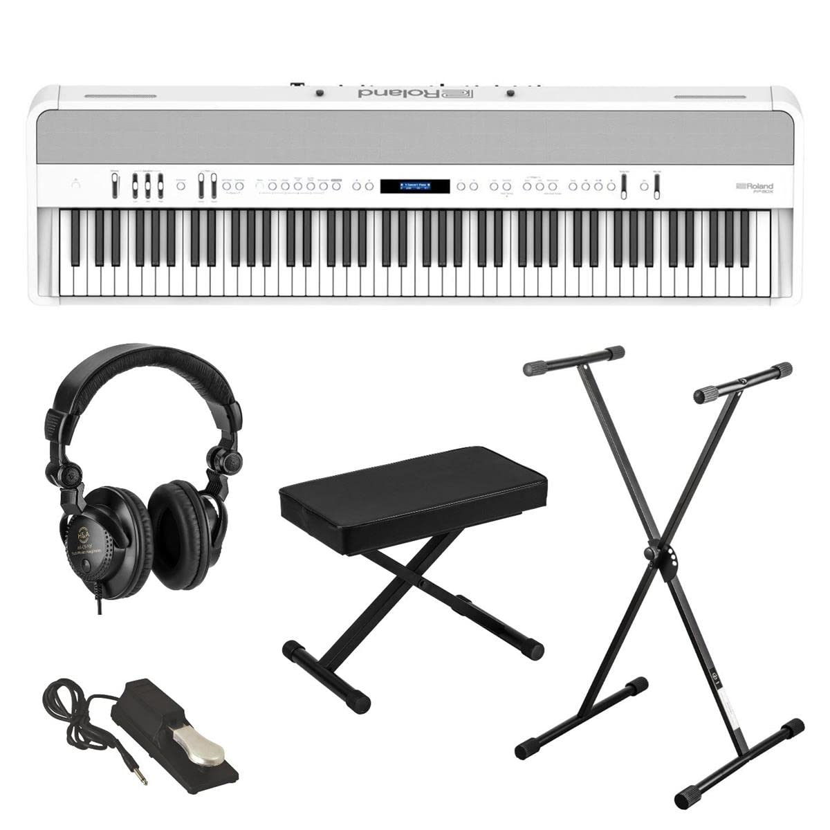 Roland FP-90X 88-Key Portable Digital Piano, White Bundle with Stand, Bench, Sustain Pedal, Studio Monitor Headphones