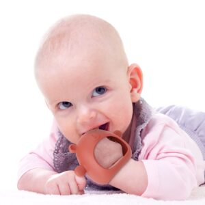 AULEGE Silicone Baby Teether Toy for Infants 3+ Months, Anti-Drop Silicone Baby Mitten Teether for Soothing Teething Pain Relief, Baby Chew Toys for Sucking Needs, BPA Free, Caramel