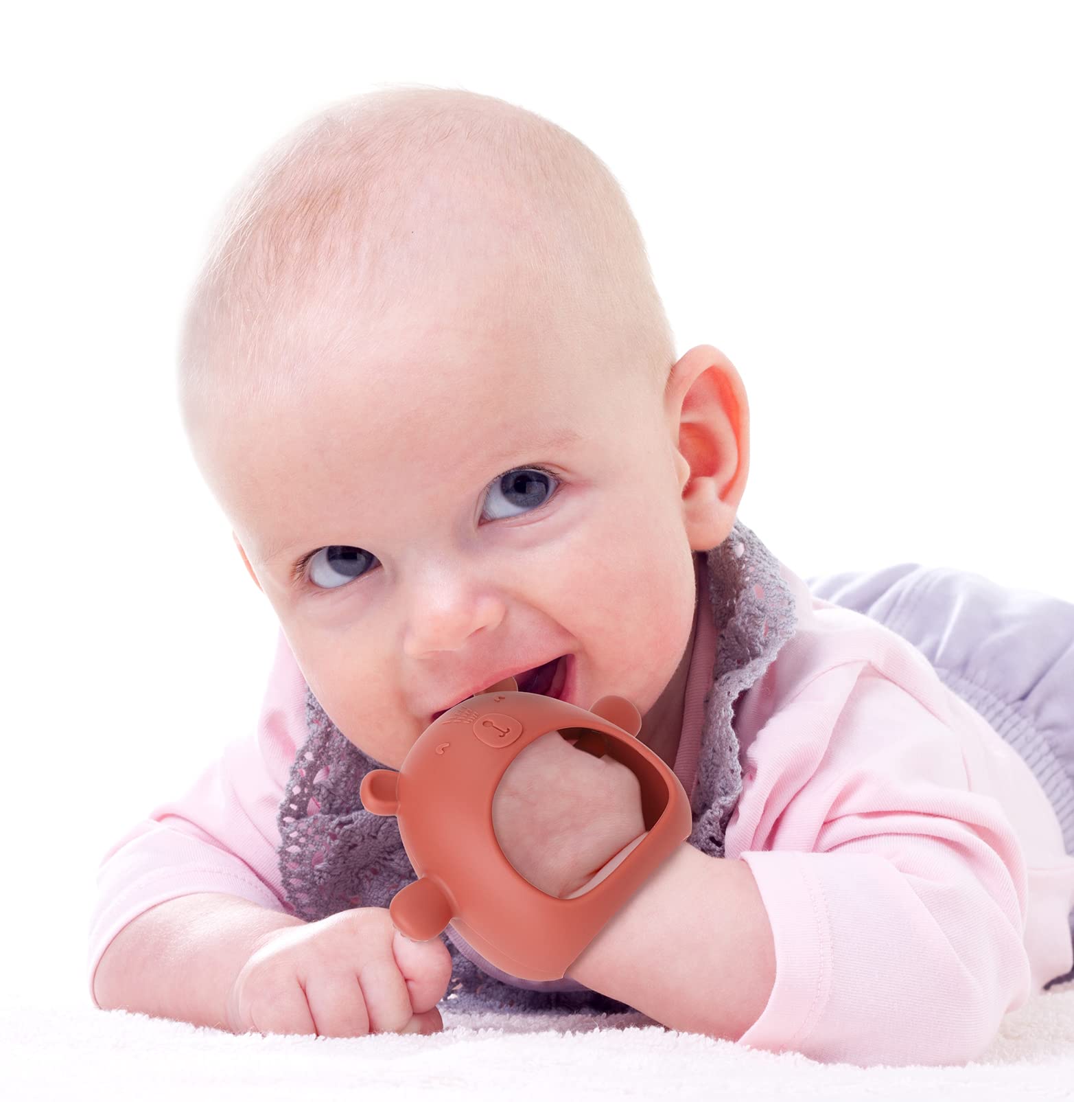 AULEGE Silicone Baby Teether Toy for Infants 3+ Months, Anti-Drop Silicone Baby Mitten Teether for Soothing Teething Pain Relief, Baby Chew Toys for Sucking Needs, BPA Free, Caramel