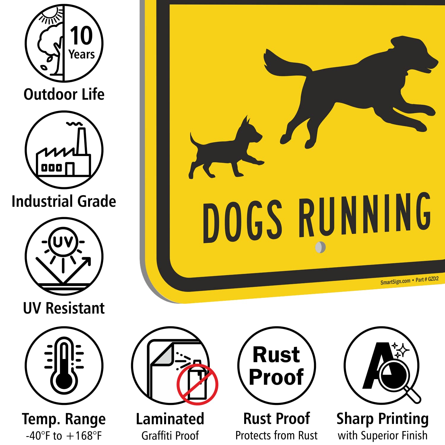 SmartSign 18 x 12 inch “Slow Down - Dogs Running” Metal Sign with Symbols, 63 mil Laminated Rustproof Aluminum, Black and Yellow, Made in USA