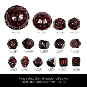 Poludie 15 Pieces Complete Polyhedral DND Dice Set D3-D100 Spherical D&D Dice Set with Dragon Eye Dice Bag, D100 Dice for Dungeons and Dragons, RPG, MTG Table Games(Black w/Red Numbers)