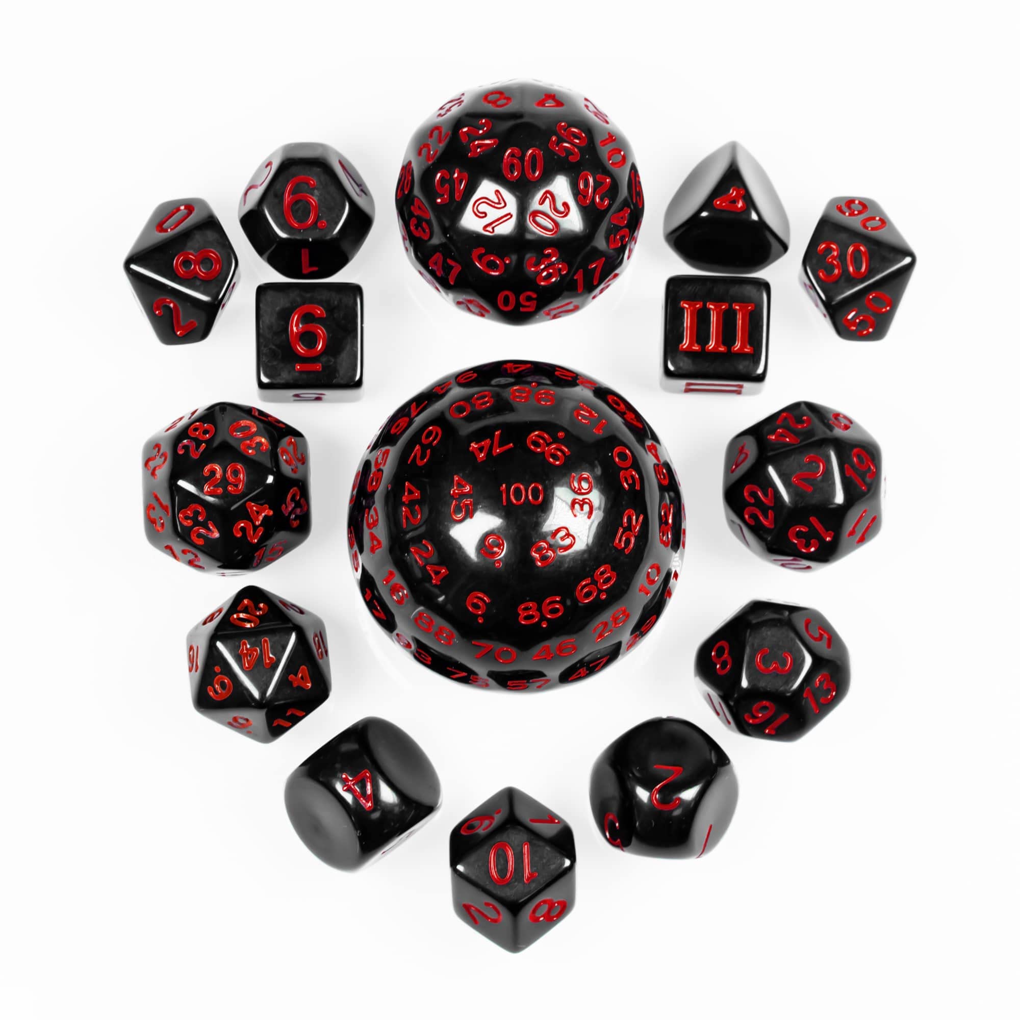 Poludie 15 Pieces Complete Polyhedral DND Dice Set D3-D100 Spherical D&D Dice Set with Dragon Eye Dice Bag, D100 Dice for Dungeons and Dragons, RPG, MTG Table Games(Black w/Red Numbers)