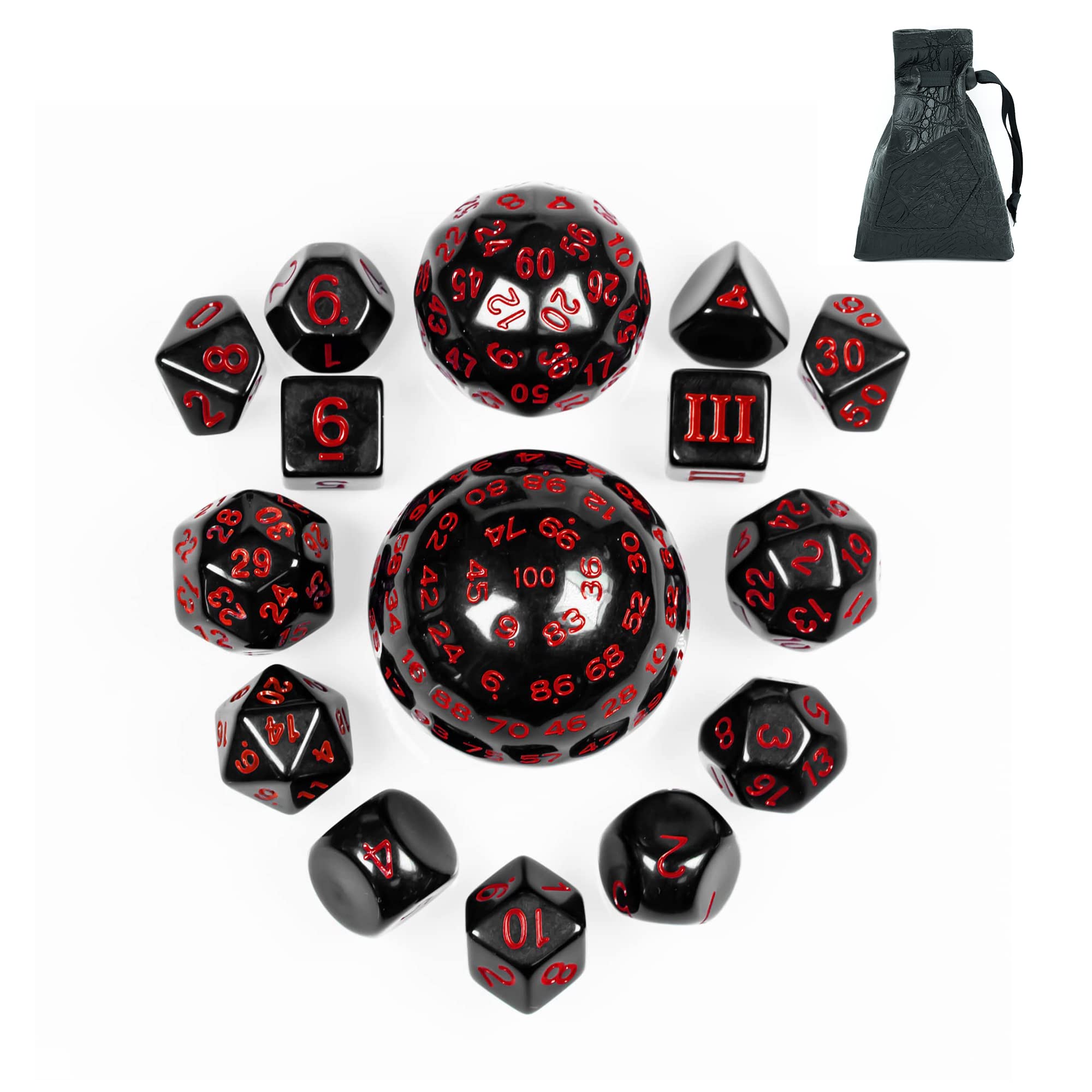 Poludie 15 Pieces Complete Polyhedral DND Dice Set D3-D100 Spherical D&D Dice Set with Dragon Eye Dice Bag, D100 Dice for Dungeons and Dragons, RPG, MTG Table Games(Black w/Red Numbers)