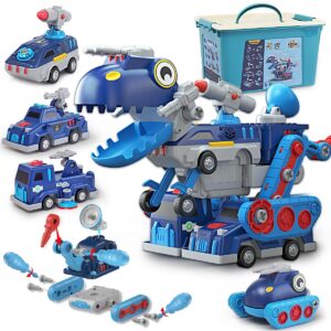 take apart vehicle magnetic toy, 5-in-1 tool building trucks transform to dinosaur robot stem assemble car with storage box, kids child holiday birthday gift for 3 4 5 6 7 8 year old boys girls