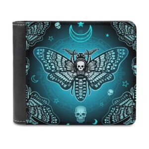 donnapink blue moth dead head, mystical circle, skull, moon, stars occultism leather bifold wallet coin purse soft stylish credit pass case card-holder for boy girl men woman money storage