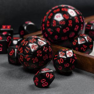 Poludie 15 Pieces Complete Polyhedral DND Dice Set D3-D100 Spherical D&D Dice Set with Dragon Eye Dice Bag, D100 Dice for Dungeons and Dragons, RPG, MTG Table Games(Black w/Red Numbers)