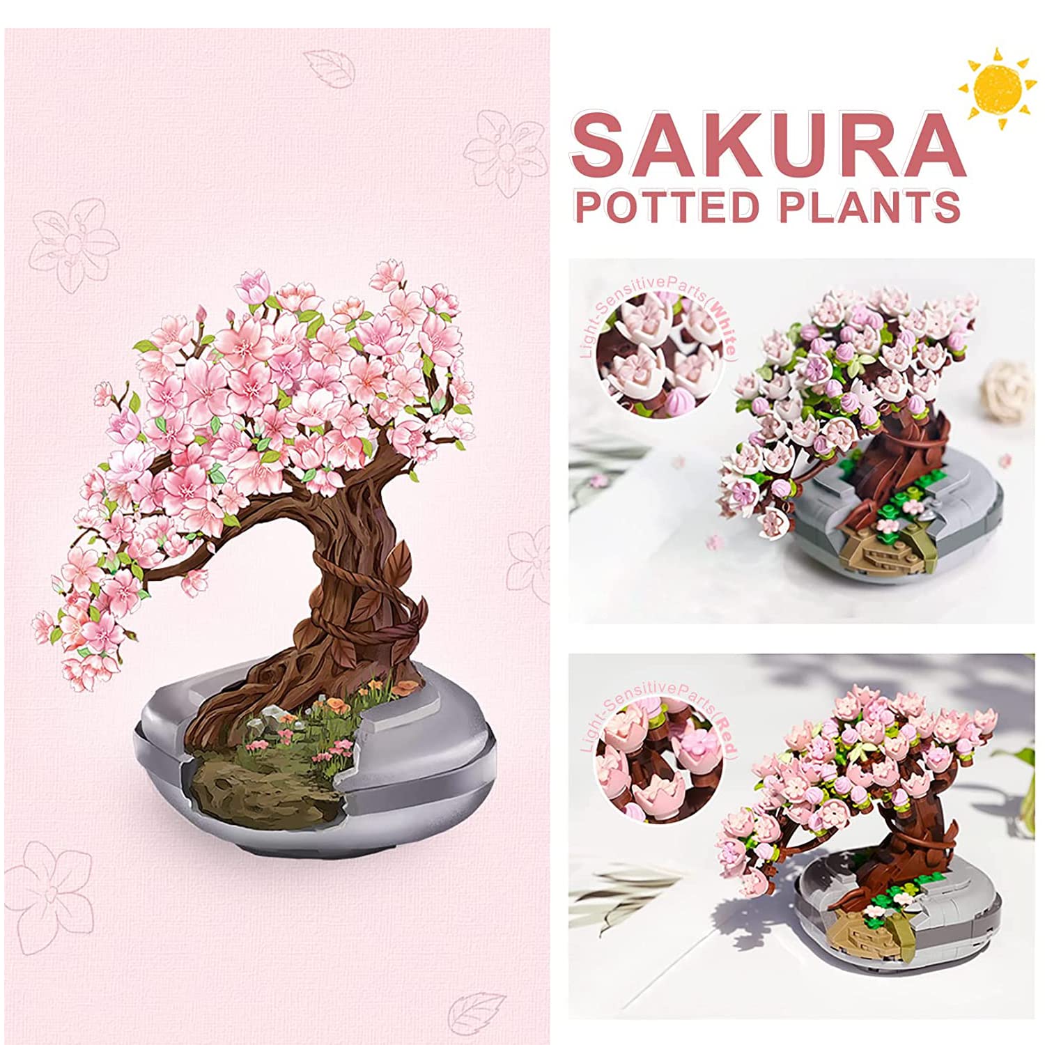 MEIEST Mini Building Blocks Sakura Plant Bonsai Model Set,Creative DIY Simulation Cherry Blossom Flower Botanical Collection Construction Building Bricks Toy for Kids Adult Home Decor