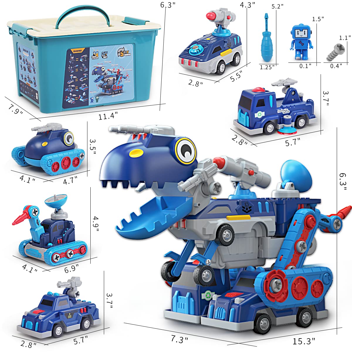 Take Apart Vehicle Magnetic Toy, 5-in-1 Tool Building Trucks Transform to Dinosaur Robot STEM Assemble Car with Storage Box, Kids Child Holiday Birthday Gift for 3 4 5 6 7 8 Year Old Boys Girls