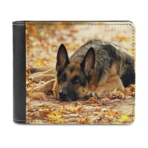 german shepherd dog lies on autumn falling foliage leaves leather bifold wallet coin purse soft stylish credit pass case card-holder for boy girl men woman money storage