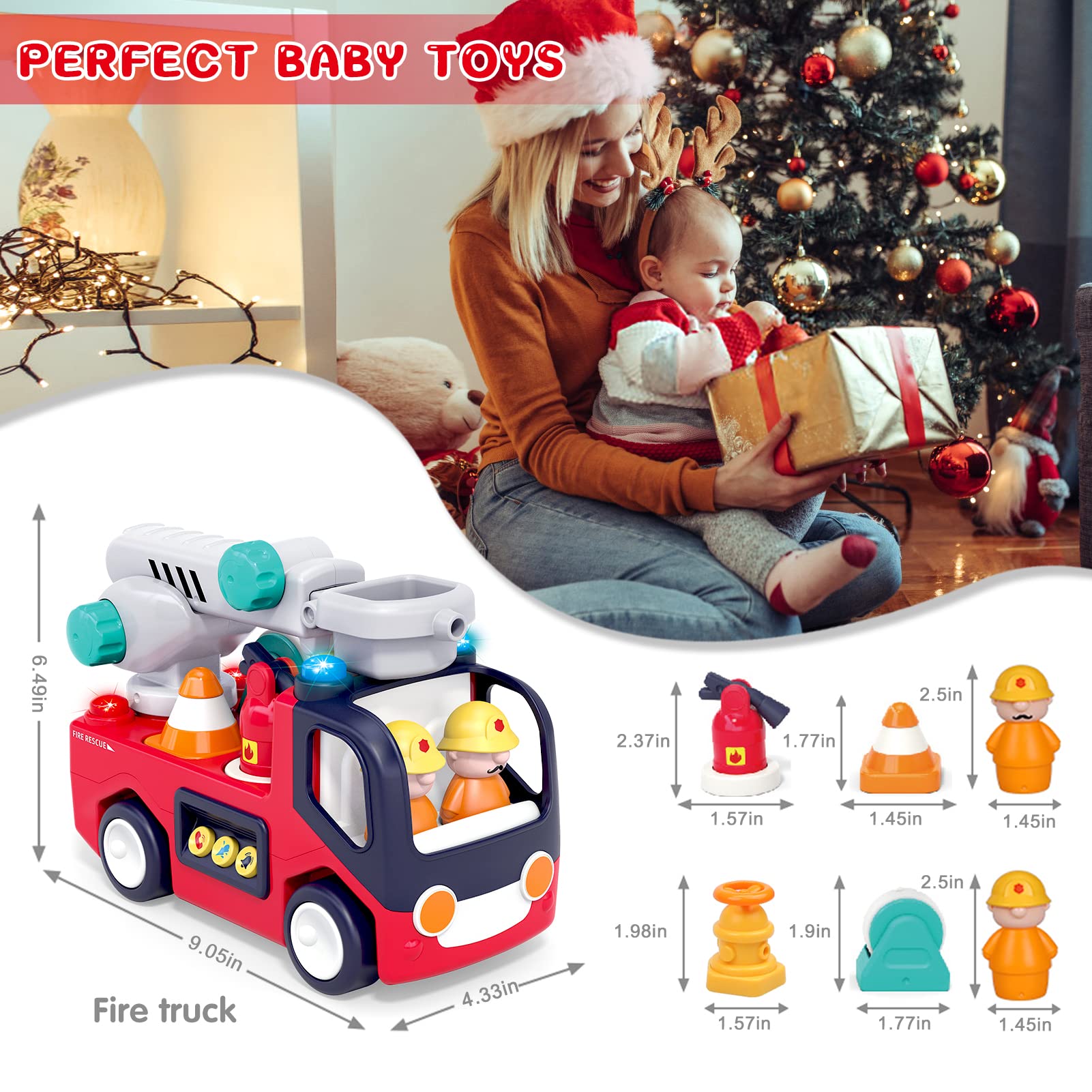 Fartoier Baby Toys 12-18 Months Fire Truck Musical Toys for 1 2 3 Year Old Boys Girls with Fireman/Ladder/Light, Early Educational Infant Toddler Toys 6 to 12 Months Birthday Ages 1-3