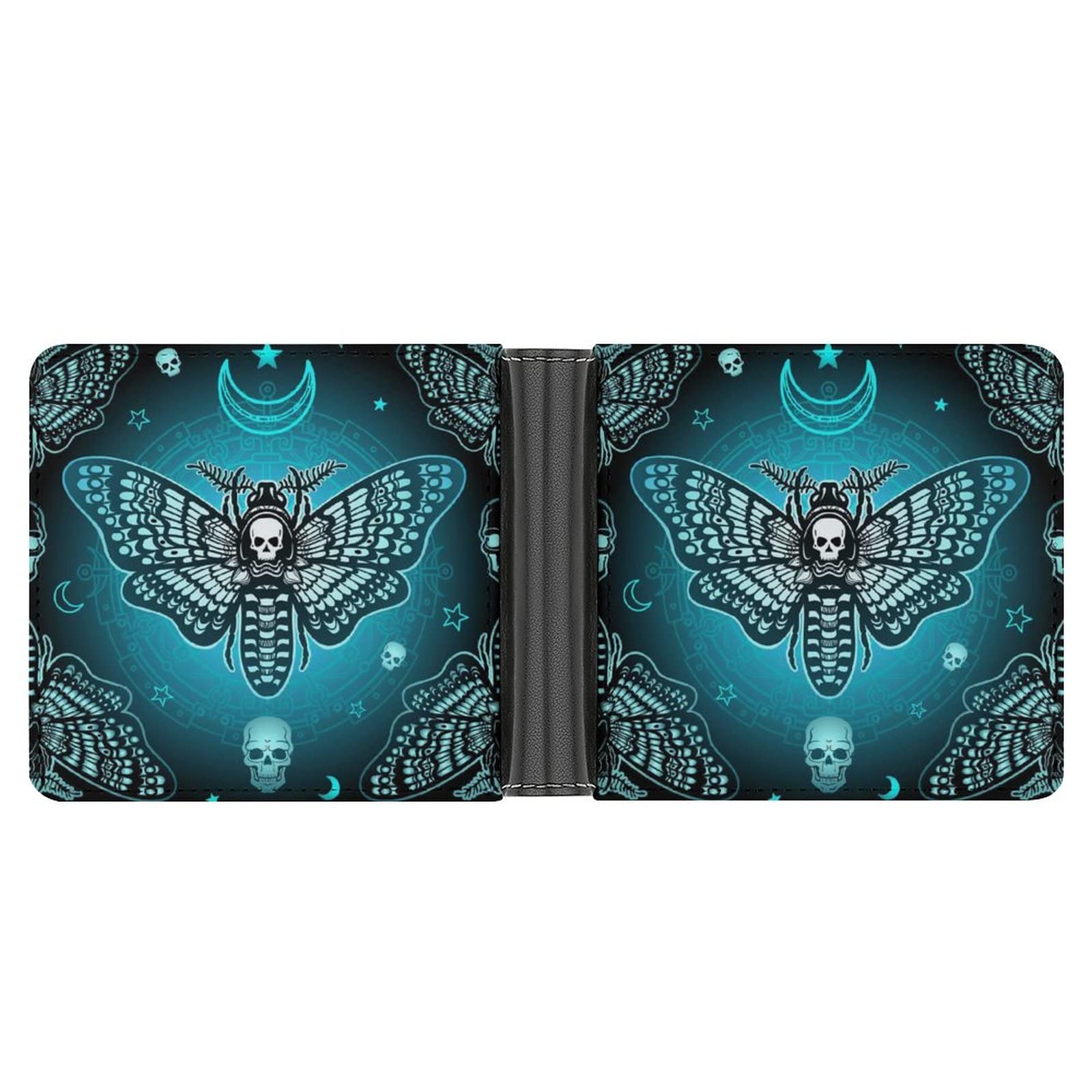 Donnapink Blue Moth Dead Head, Mystical Circle, Skull, Moon, Stars Occultism Leather Bifold Wallet Coin Purse Soft Stylish Credit Pass Case Card-Holder for Boy Girl Men Woman Money Storage