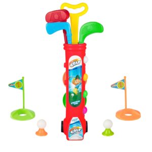 liberry kids golf clubs set, golf toy with 1 golf cart, 3 golf clubs, 2 practice holes, 2 golf tees & 6 balls, outdoors exercise toy for kid ages 3 4 5 years old, boys & girls (red)