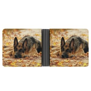 German Shepherd Dog Lies on Autumn Falling Foliage Leaves Leather Bifold Wallet Coin Purse Soft Stylish Credit Pass Case Card-Holder for Boy Girl Men Woman Money Storage